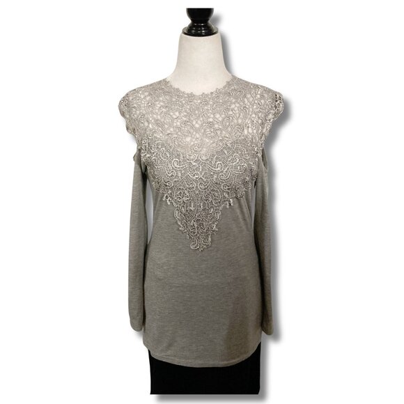 YOINS Heathered grey cold-shoulder lace top ~ SMALL MEDIUM peak-a-boo shirt - Picture 3 of 14